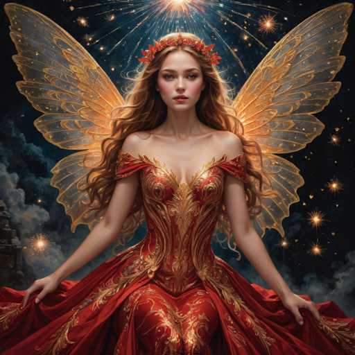 The image depicts a woman with long blonde hair wearing a red and gold dress adorned with intricate gold designs. She is seated on a throne-like structure, which has wings spread out behind her. The background features a dark blue sky filled with stars, creating a celestial atmosphere.