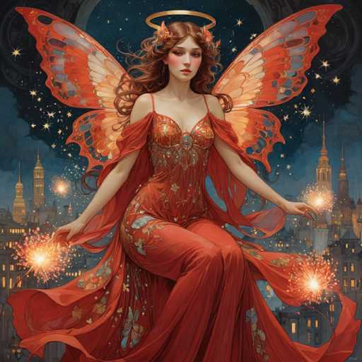 The image depicts a woman with long red hair and an orange dress adorned with gold accents, holding a pair of fireworks that burst into the air around her. The background features a dark blue sky filled with stars, and in the distance, there are buildings and trees.