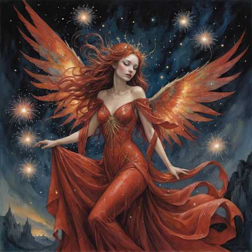 The image depicts a woman with long red hair and wings, wearing an orange dress that flows behind her as she walks. The background is dark blue with white stars scattered throughout, creating a sense of depth and mystery.