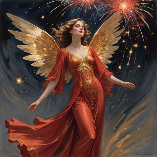 The image depicts an angel with long golden wings and a red dress standing against a dark blue sky filled with stars. The angel is holding a staff and appears to be floating or flying through the night sky.