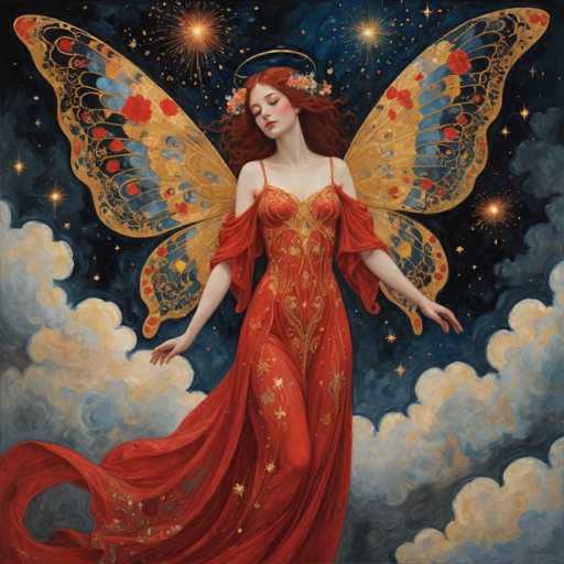 The image depicts a woman with long red hair and a vibrant red dress adorned with gold accents, standing against the backdrop of a starry night sky. The woman is positioned centrally within the frame, her arms outstretched as if she's reaching for something or someone beyond the viewer's perspective. The painting style is realistic, capturing the intricate details of the woman's attire and the surrounding celestial elements.