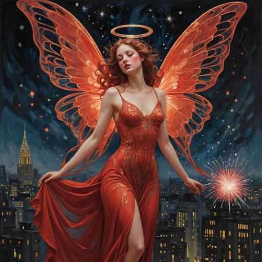The image depicts an angelic figure with long red hair and a flowing dress standing on the left side of the frame against a dark blue sky filled with stars. The figure is holding a firework in its right hand.