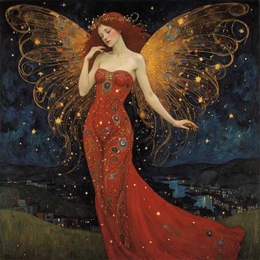 The image depicts a woman with red hair and an ornate dress adorned with gold stars and flowers standing on a hill overlooking a city at night. The woman is holding a flower in her hand.