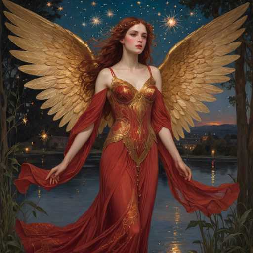 The image depicts a woman with long red hair and gold wings standing on the shore of a lake at night. She is wearing an ornate red dress adorned with gold accents that flows around her as she moves. The background features trees and buildings under a starry sky, creating a serene and ethereal atmosphere.
