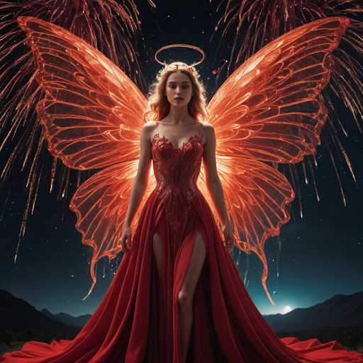 The image depicts a woman with long blonde hair and red wings standing against the backdrop of a dark sky filled with stars. She is wearing a vibrant red dress that contrasts with her surroundings. The woman appears to be in a state of awe or wonder as she gazes upwards at the fireworks exploding above her, which are scattered across the sky in various sizes and colors.
The image does not contain any discernible text, and there are no other objects present besides the woman and the fireworks.