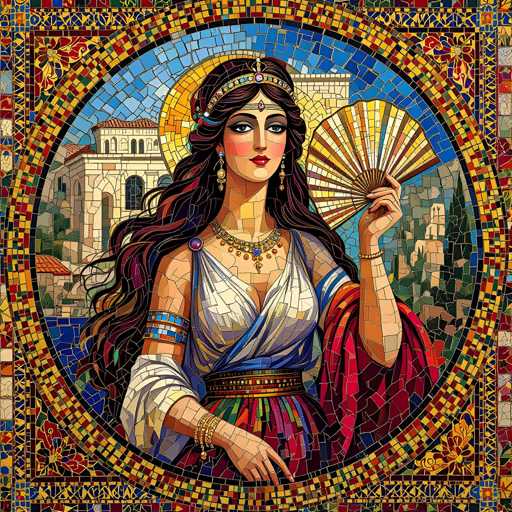The image depicts a woman with long brown hair wearing a white dress and holding a fan. The background features a mosaic design of buildings and trees, suggesting an urban or historic setting.