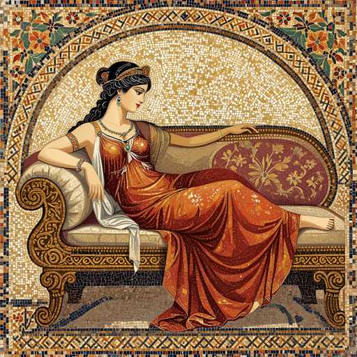 The image depicts a woman wearing an orange dress with gold accents and a crown on her head, sitting on a bench and looking off into the distance. The bench is adorned with a mosaic design in shades of brown and beige, and the background features a patterned fabric that complements the overall composition.

The style of the image can be described as a fusion of realism and surrealism, with the woman's attire and the bench's design elements creating an intriguing visual narrative. The use of color contrasts between the woman's dress and the mosaic background further enhances the depth and complexity of the scene.