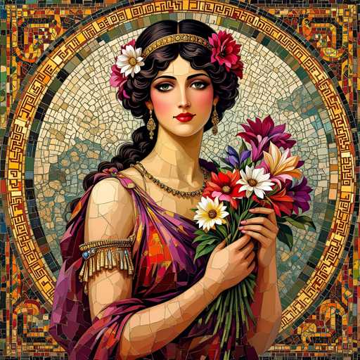 The image depicts a woman with long dark hair wearing a purple dress and holding a bouquet of flowers. The background features a mosaic design with a circular pattern and gold accents.
