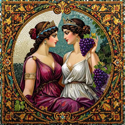 The image depicts two women wearing white and purple dresses with gold accents, seated on a bench surrounded by a mosaic border of red and green tiles. The woman on the left is holding grapes in her hand while the woman on the right has a bunch of grapes in front of her.