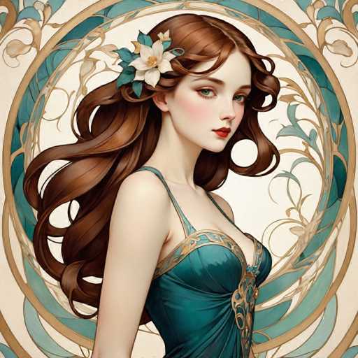 The image depicts a woman with long brown hair wearing a blue dress and a flower in her hair. The background features a circular pattern of gold leaves against a white background.