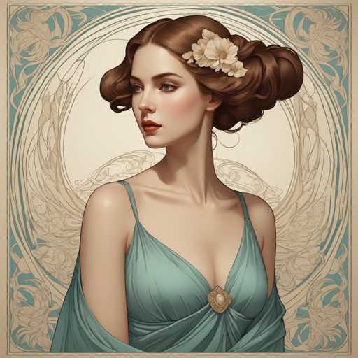 The image depicts a woman with long brown hair wearing a blue dress and a white flower in her hair. The background features a floral design that is predominantly green and gold.