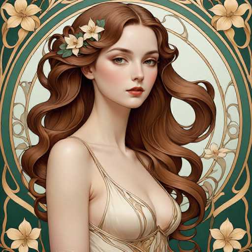 The image depicts a woman with long brown hair wearing a white dress and a flower crown on her head. The background is a green color with gold accents, creating an ornate and elegant atmosphere.
