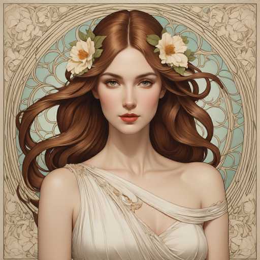 The image depicts a woman with long brown hair wearing a white dress and two flowers on her head. The background features a circular pattern of blue and green hues, creating an impressionistic style reminiscent of the art movement known as "impressionism".