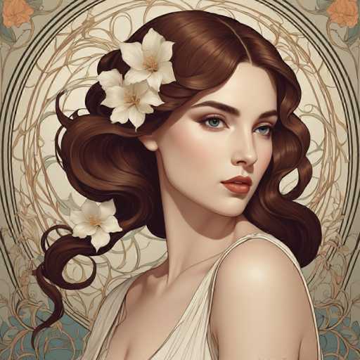 The image depicts a woman with long brown hair wearing a white dress and having her hair styled into loose curls. She is looking directly at the camera, giving off an air of confidence and elegance. The background features a floral design in shades of green and orange, which complements the overall color scheme of the image.