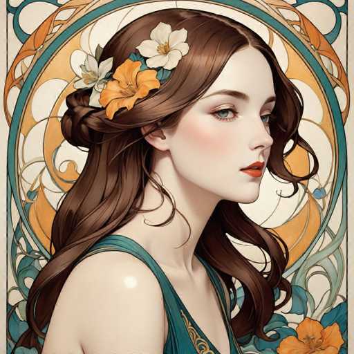 The image depicts a woman with long brown hair wearing a blue dress and a flower crown on her head. The background features an abstract design with orange and green hues, creating a vibrant and colorful atmosphere.