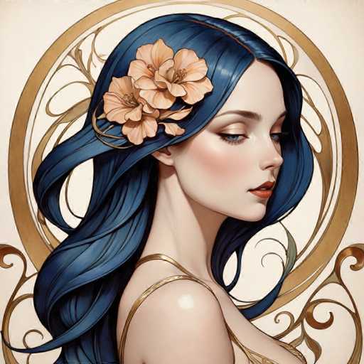 The image depicts a woman with long blue hair wearing a gold dress and a flower in her hair. The background is white with a gold circle design.