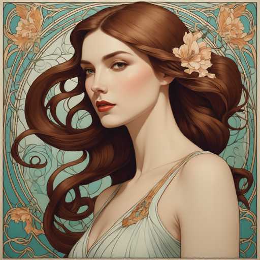 The image depicts a woman with long brown hair wearing a white dress and a flower in her hair. The background features an abstract design of blue and green colors, which is reminiscent of the Baroque art style.