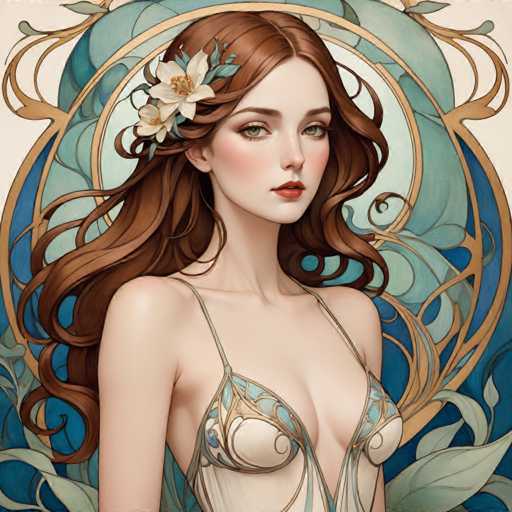 The image depicts a woman with long brown hair wearing a white dress adorned with blue and green floral designs. She is positioned against a backdrop of blue and gold swirls and leaves, suggesting an artistic or surrealistic style. The woman's gaze is directed towards the viewer, creating a sense of connection between the subject and the observer.