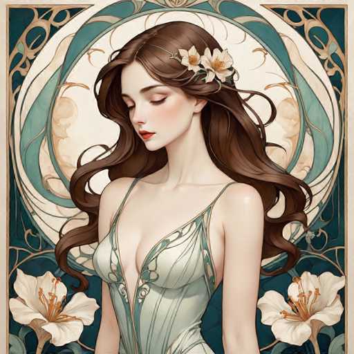 The image depicts a woman with long brown hair wearing a white dress adorned with gold accents and flowers on her head. The background features a blue and green color scheme with floral designs.