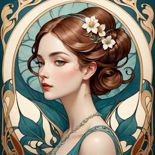 The image depicts a woman with long brown hair wearing a blue dress and a necklace featuring white flowers. The background is a deep blue color with gold accents, creating an ornate and artistic atmosphere.