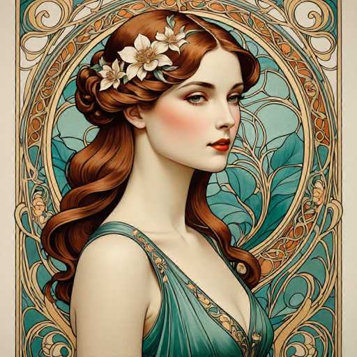The image depicts a woman with long red hair wearing a blue dress adorned with gold accents and a white flower crown on her head. The background features an intricate design of green leaves and gold lines, creating a sense of depth and complexity to the scene.