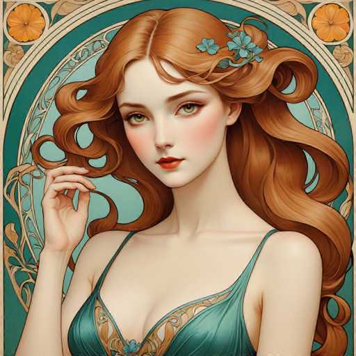 The image depicts a woman with long red hair wearing a blue dress and holding her hand up to her face. The background features an ornate green and gold design that includes flowers and leaves.