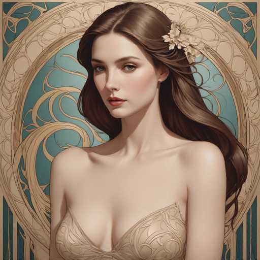 The image depicts a woman with long brown hair wearing a gold dress and a flower in her hair. The background features a blue circle with a gold border, creating an artistic and elegant atmosphere.