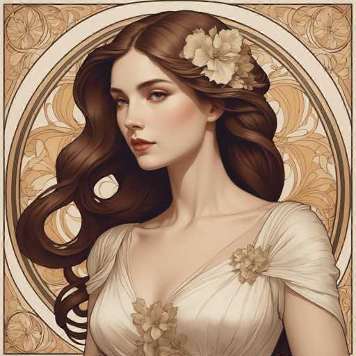 The image depicts a woman with long brown hair wearing a white dress adorned with gold flowers and a flower crown on her head. The background features an ornate gold design that includes floral patterns in shades of yellow and orange.