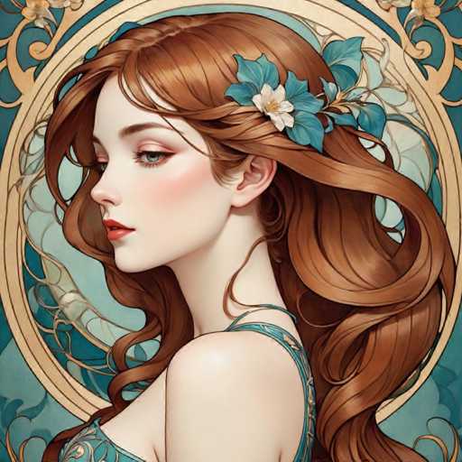 The image depicts a woman with long brown hair wearing a blue dress and a flower in her hair. The background is a deep blue color with gold accents, creating an elegant and sophisticated atmosphere. The woman's face is turned to the side, giving a profile view of her appearance.