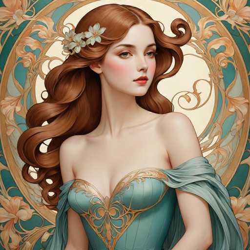 The image depicts a woman with long brown hair wearing a blue dress adorned with gold accents and a white flower crown on her head. The background features an ornate design of flowers and leaves in shades of green and yellow.