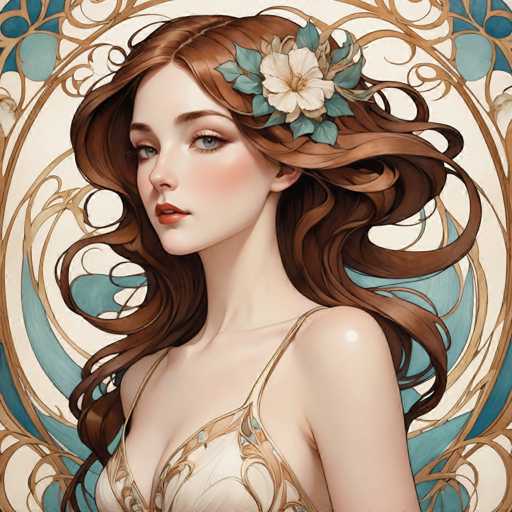 The image depicts a woman with long brown hair wearing a white dress and a flower in her hair. The background features a blue and gold design that includes swirls and patterns.