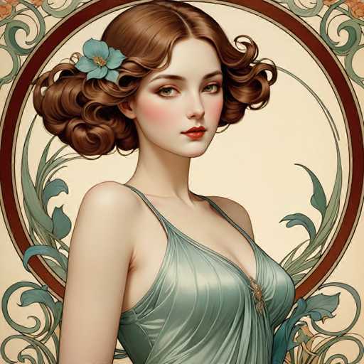 The image depicts a woman with long brown hair wearing a blue dress and holding a flower in her hair. The background features a circular design with green leaves and red flowers.