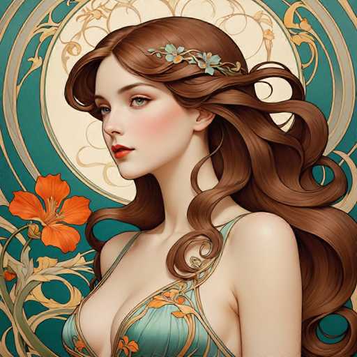 The image depicts a woman with long brown hair wearing an orange and gold dress adorned with flowers on her head. The background features a blue and green floral design that complements the woman's attire.