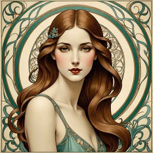 The image depicts a woman with long brown hair wearing a blue dress and a flower in her hair. The background features a circular design with green and white colors, creating an artistic and visually appealing composition.