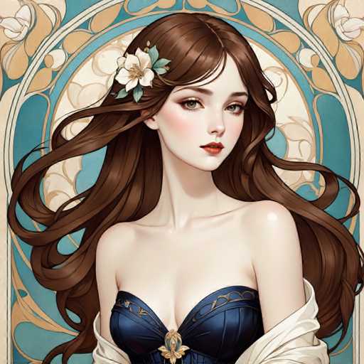 The image depicts a woman with long brown hair wearing a blue dress and a flower in her hair. The background features an ornate blue archway adorned with white flowers, suggesting the scene is set within a palace or grand hall.