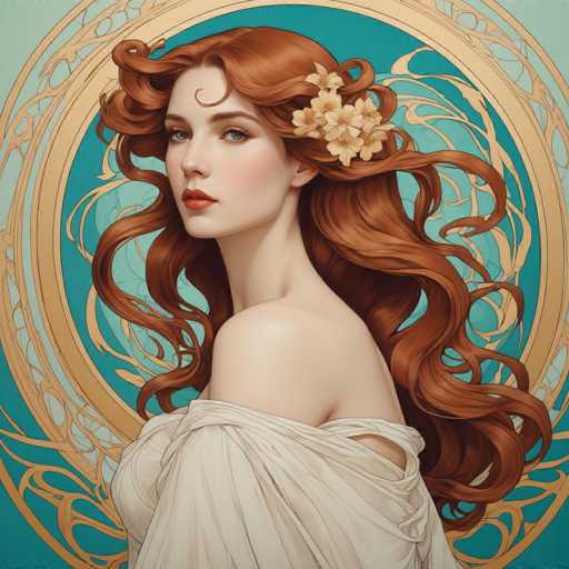 The image depicts a woman with long red hair wearing a white dress and a gold headpiece adorned with yellow flowers. The background features a blue circle with gold accents, creating an artistic and visually appealing composition that highlights the woman's beauty and elegance.