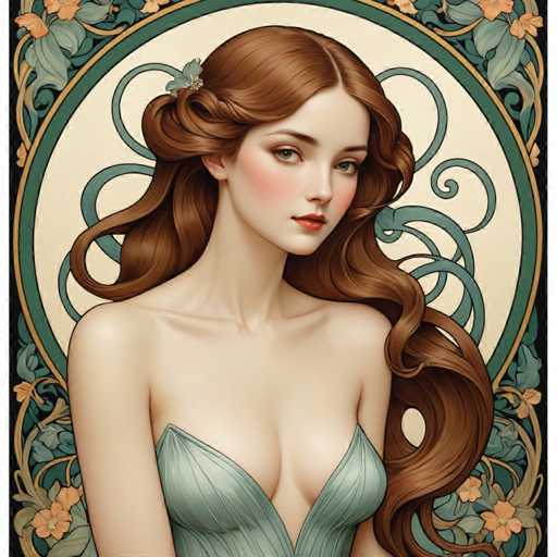 The image depicts a woman with long brown hair wearing a green dress and a gold headpiece. She is positioned against a floral background that features green leaves and flowers. The woman's gaze is directed towards the viewer, creating an engaging visual narrative.
