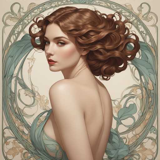 The image depicts a woman with long brown hair wearing a blue dress and is shown from the back. The background features a floral design that includes green leaves and flowers.