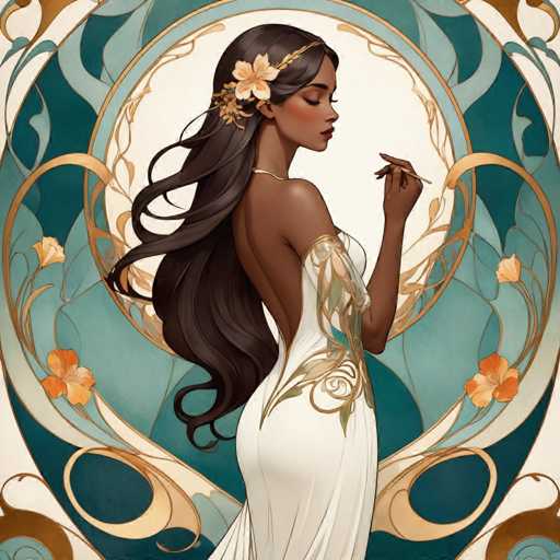 The image depicts a woman with long dark hair wearing a white dress adorned with gold and green floral designs. She is holding a pen in her right hand while looking down at the ground with her left hand. The background features a blue and green color scheme with orange flowers scattered throughout, creating an impressionistic style reminiscent of the Baroque period.
