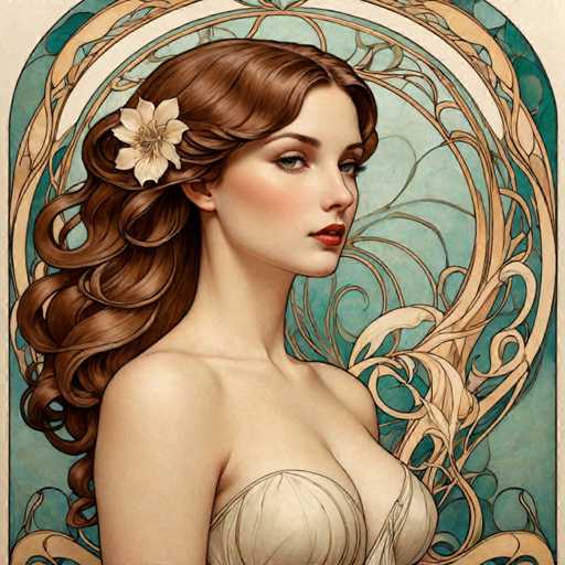 The image depicts a woman with long brown hair wearing a white dress and holding a flower in her hair. The background features an intricate design of blue and green swirls, suggesting the art style to be impressionism or post-impressionism.