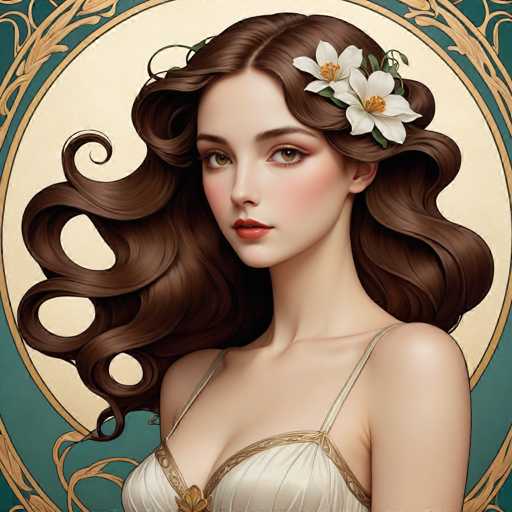 The image depicts a woman with long brown hair wearing a white dress and a flower in her hair. The background is a light blue color with gold accents, creating an elegant and sophisticated atmosphere.