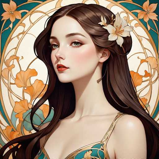 The image depicts a woman with long brown hair wearing a gold and green dress against an abstract background featuring orange flowers and leaves. The woman is looking directly at the camera, giving off a serious expression.