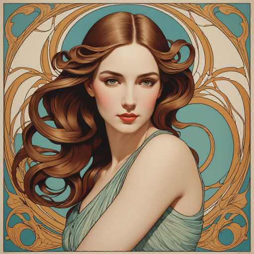 The image depicts a woman with long brown hair wearing a blue dress and gold accents. The background features a circular design with a blue and gold color scheme.