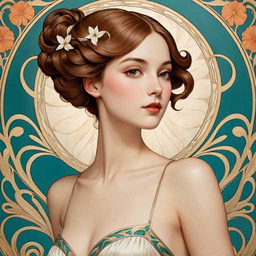 The image depicts a woman with long brown hair wearing a white dress and gold accents. She is positioned against a blue background adorned with gold swirls and flowers. The woman's gaze is directed towards the viewer, creating an engaging visual narrative.