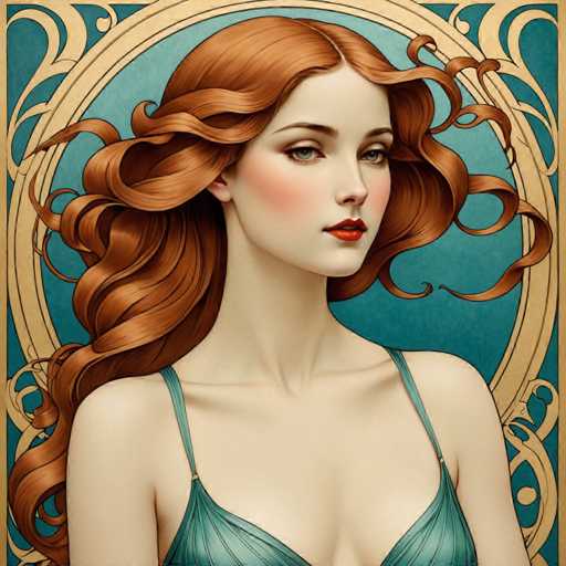 The image depicts a woman with long red hair wearing a blue dress and a gold frame around her neck. The background is a deep blue color that complements the woman's hair. The woman has a serious expression on her face as she gazes off to the side.
