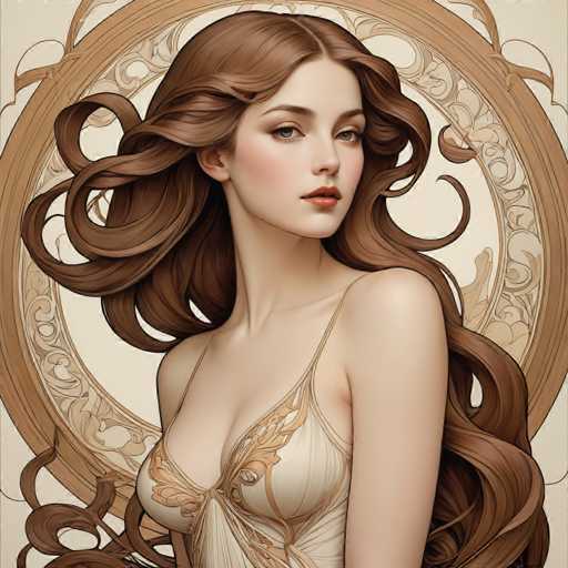 The image depicts a woman with long brown hair wearing a white dress adorned with gold designs and a gold bodice. The background features an ornate circular design with gold accents.