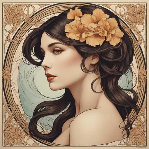 The image depicts a woman with long dark hair wearing a gold flower in her hair and a gold headband on her forehead. The background features an ornate design with intricate patterns and designs that add to the overall aesthetic of the piece.