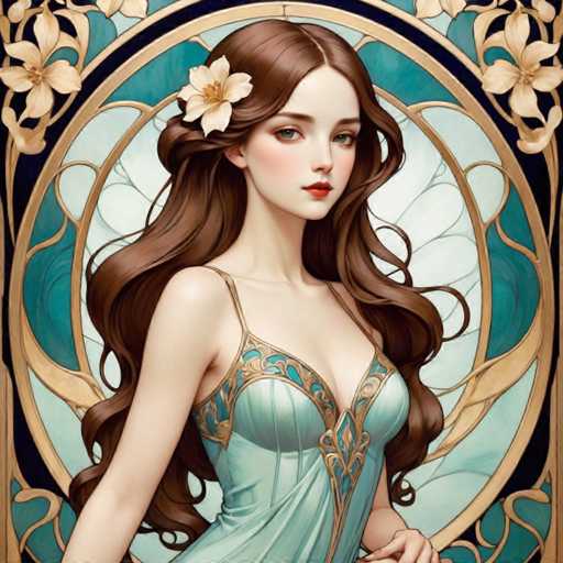 The image depicts a woman with long brown hair wearing a blue dress adorned with gold accents and a white flower on her head. The background features a circular design with green and yellow hues, creating an artistic and visually appealing composition.