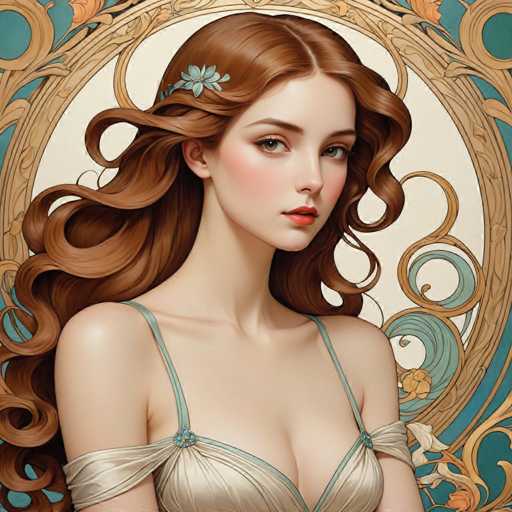 The image depicts a woman with long brown hair wearing a white dress and a blue headband. The background features an ornate gold frame with intricate designs, suggesting the artwork is likely from the Baroque period or beyond.