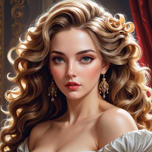 The image depicts a woman with blonde hair styled in loose curls and wearing gold earrings. She is looking directly at the camera with an air of confidence. The background features a red curtain that adds depth to the scene.